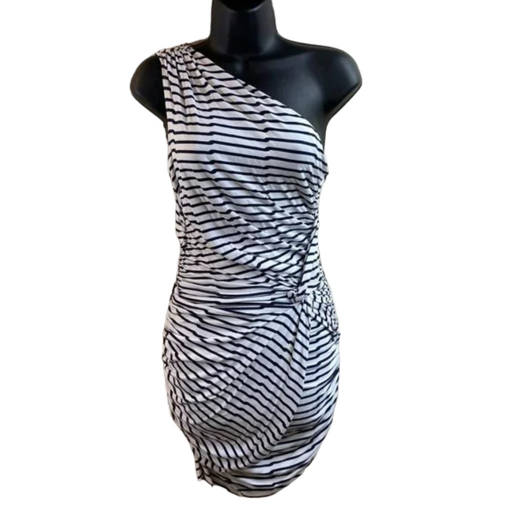 Tart Navy White Striped One Shoulder Ruched Bodycon Dress - Medium